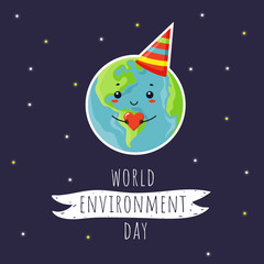Vector cartoon illustration of smiling happy planet earth with heart in hands on space cosmic shiny stars background. World Peace. Happy Earth Day. World environment day