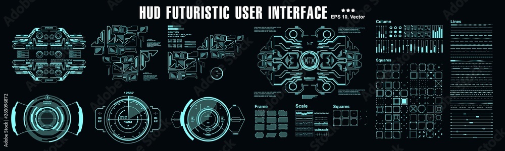 Poster hud elements mega set pack. dashboard display virtual reality technology screen. futuristic user int