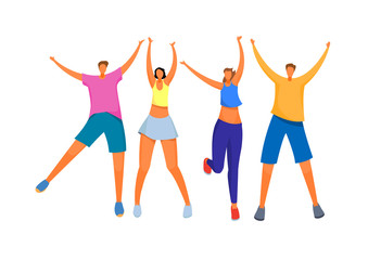 Group of young happy people. Boys and girls happily raised their hands up. Friends on summer vacation. Vector illustration.