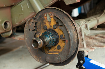 Rusty drum brake, A drum brake jeep disassembled in a garage