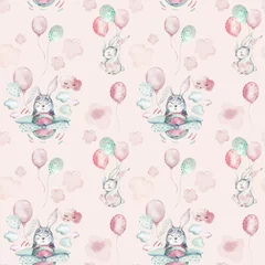 Fotobehang Dieren onderweg Hand tekenen vliegen schattige paashaas aquarel cartoon konijntjes met vliegtuig en ballon in de lucht textiel patroon. Turkoois aquarel textiel illustratie decoratie