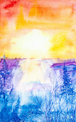 Beautiful,bright,red sunset over the winter forest. Watercolor illustration