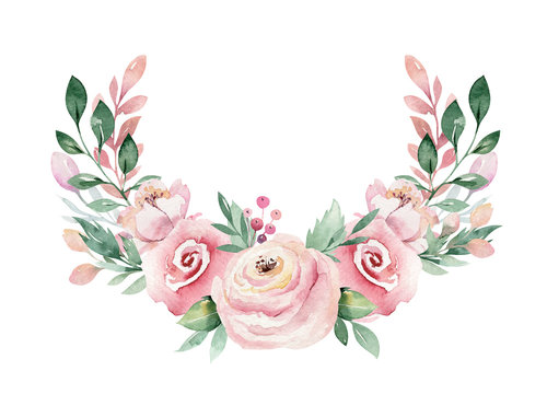 Hand drawn watercolor wreath illustration. Isolated Botanical wreathes of green branches and flower leaves. Spring and summer mood. Wedding blossom Floral Design elements.