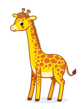 Giraffe stands on a white background. African animal in childish style.