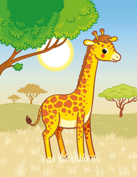 Giraffe stands in the savannah. Cute african animal in cartoon style.