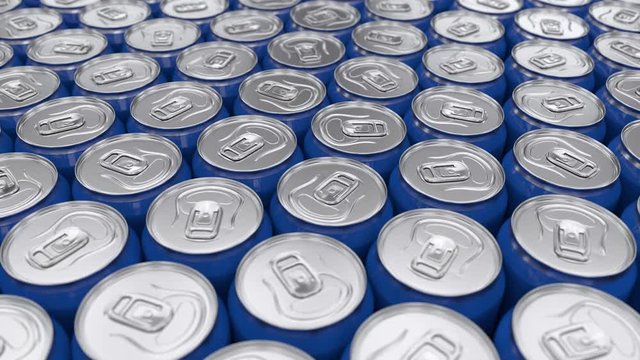 Packing line. Cola production. Modern conveyor. Blue aluminum soda can. Recycling concept. Metal texture.