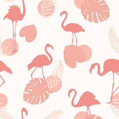 Exotic pink flamingo birds. Tropical leaves shapes. Seamless pattern texture.
