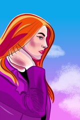 girl with red hair, manga comics style portrait, illustration on blue sky with clouds