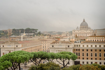 Fototapeta na wymiar Rome, Italy, Panorama of Rome and view at St. Peter's Basilica, Vatican, view from Angel Castle, Castel Sant'Angelo.