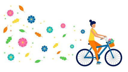 Fototapeta na wymiar Woman rides a bicycle. In a basket of flowers. Flying flowers and leaves. Flat vector illustration.