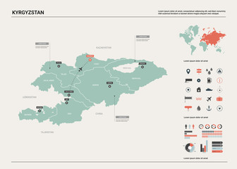 Vector map of Kyrgyzstan. High detailed country map with division, cities and capital Bishkek. Political map,  world map, infographic elements.
