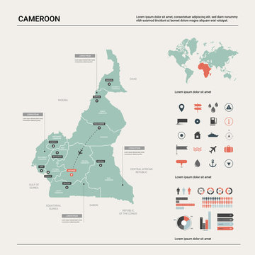Vector map of Cameroon. High detailed country map with division, cities and capital Yaounde. Political map,  world map, infographic elements.