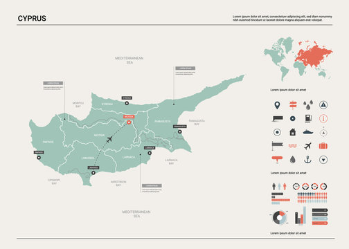 Vector map of Cyprus. High detailed country map with division, cities and capital Nicosia. Political map,  world map, infographic elements.