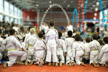 A group of children in kimono. Watch a demonstration performance of karate masters. © Dmitry Dven