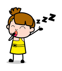 Yawning - Cute Girl Cartoon Character Vector Illustration