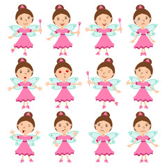 Collection of beautiful fairy in different poses and emotions isolated on white background