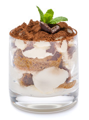 Classic tiramisu dessert in a glass isolated on a white background with clipping path