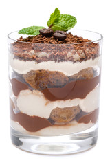Classic tiramisu dessert in a glass isolated on a white background with clipping path