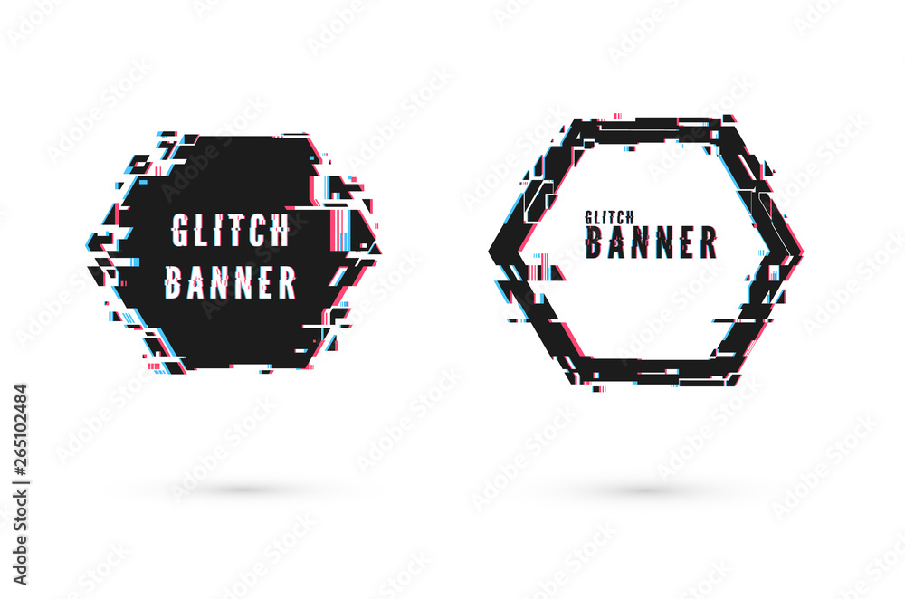 Poster geometric banner with distortion effect - glitch. hexagon shape frame. digital technology modern pos
