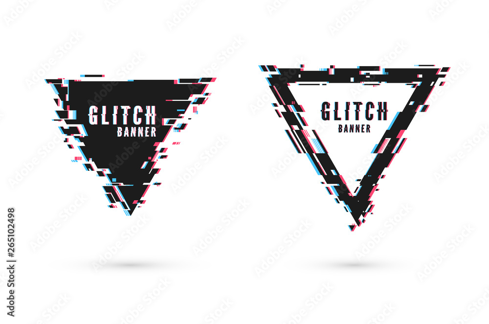 Poster geometric banner with distortion effect - glitch. triangle shape frame. digital technology modern po