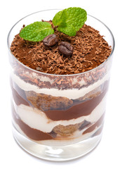 Classic tiramisu dessert in a glass isolated on a white background with clipping path