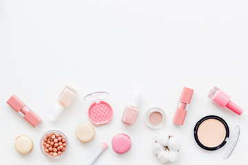 make-up accessories and fashion stylish cosmetics on white desk background top view mock up