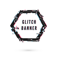 Hexagon banner with distortion effect - Glitch. Digital technology modern poster and flyer template. Vector illustration isolated on white background