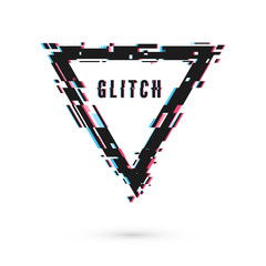 Triangular banner with distortion effect - Glitch. Digital technology modern poster and flyer template. Vector illustration isolated on white background