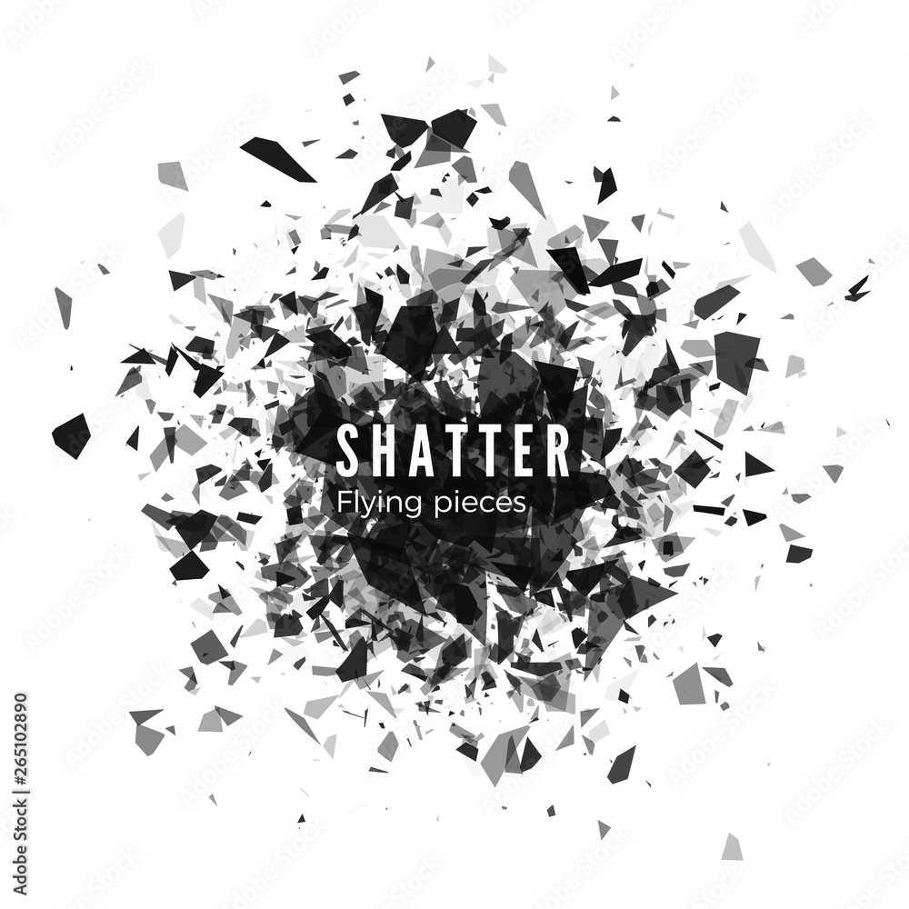 Poster shatter and destruction effect. abstract cloud of pieces and fragments after explosion. vector illus
