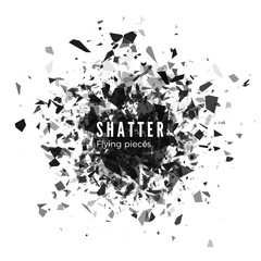 Shatter and destruction effect. Abstract cloud of pieces and fragments after explosion. Vector illustration isolated on white background - obrazy, fototapety, plakaty