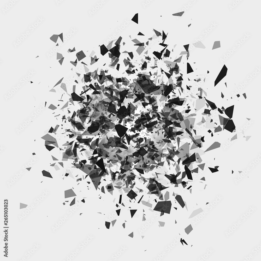 Poster shatter and destruction effect. abstract cloud of pieces and fragments after flash. vector illustrat