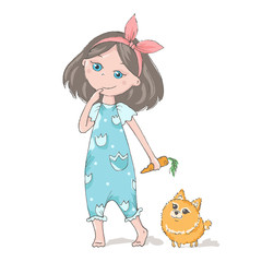 Nice pretty girl with brown hair and little dog. Cute cartoon character isolated on white background