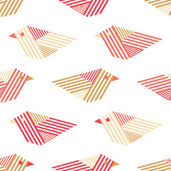 Seamless background with decorative birds. Striped texture. Birds in the sky. Vector illustration. Can be used for wallpaper, textile, invitation card, wrapping, web page background.