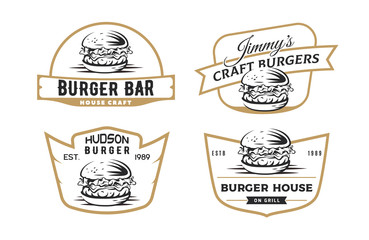Set of burger emblems, badges and logo isolated on white background. - obrazy, fototapety, plakaty