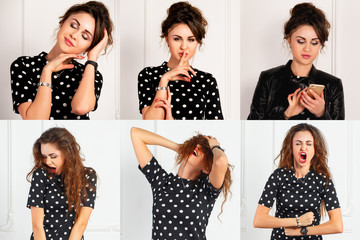 Set of young woman's brunette portraits with different emotions