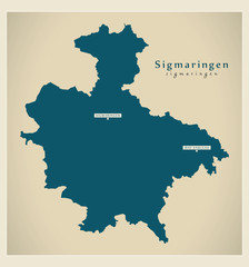 Modern Map - Sigmaringen county of Baden Wuerttemberg DE