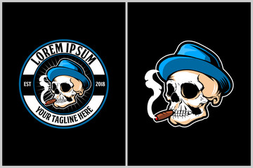 UNIQUE skull HEAD with HAT AND CIGARETTE vector emblem logo template