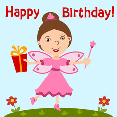 Beautiful fairy with a gift and a magic wand in her hands - happy birthday card