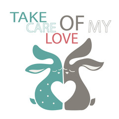 Romantic card with a pair of rabbits. Couple of bunnies in love. Happy Valentine`s day.