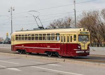 Fototapeta na wymiar MOSCOW - APRIL 20 2019: MTV-82 old tram on the Boulevard Ring