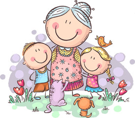Fototapeta na wymiar Everyone loves granny, grandmother with grandchilren and pets, colorful vector clipart
