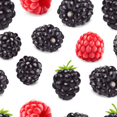 Blackberry and raspberry seamless pattern. 3d realistic vector berries.
