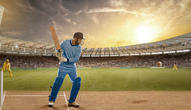 Batsman defending a ball During a match in the stadium	
