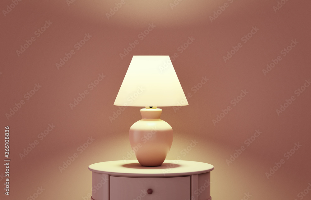 Wall mural Stylish lamp on table against color wall, space for text. Design with living brown color