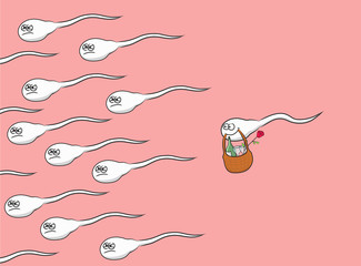 Swimming sperms and one romantic sperm. Cartoon joke, vector illustration.