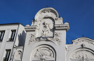 Architectural details of the facade of Elysee Montmartre theater. Paris France. April 2019