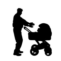 Vector silhouette of grandfather with baby carriage on white background. Symbol of baby, child, family.