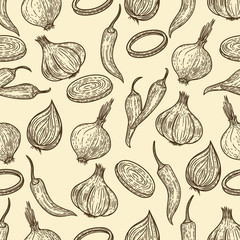 Vector hand drawn seamless pattern of vegetables.Onions, garlics and chilli peppers in the engraving vintage style.