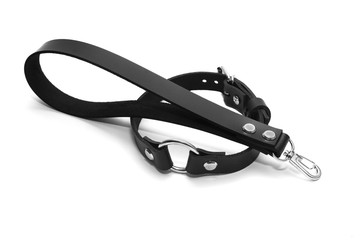 Leather collar with a handle leash. Close-up.