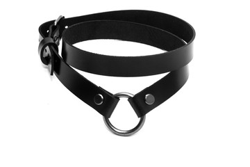 Black leather collar on a white background. Side view